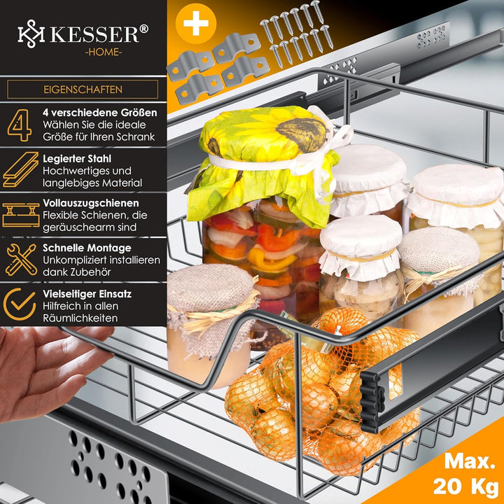 KESSER® Teleskopschublade 50cm Schrankbreite verchromt aus Edelstahl Schubladeneinsatz für Küchensch