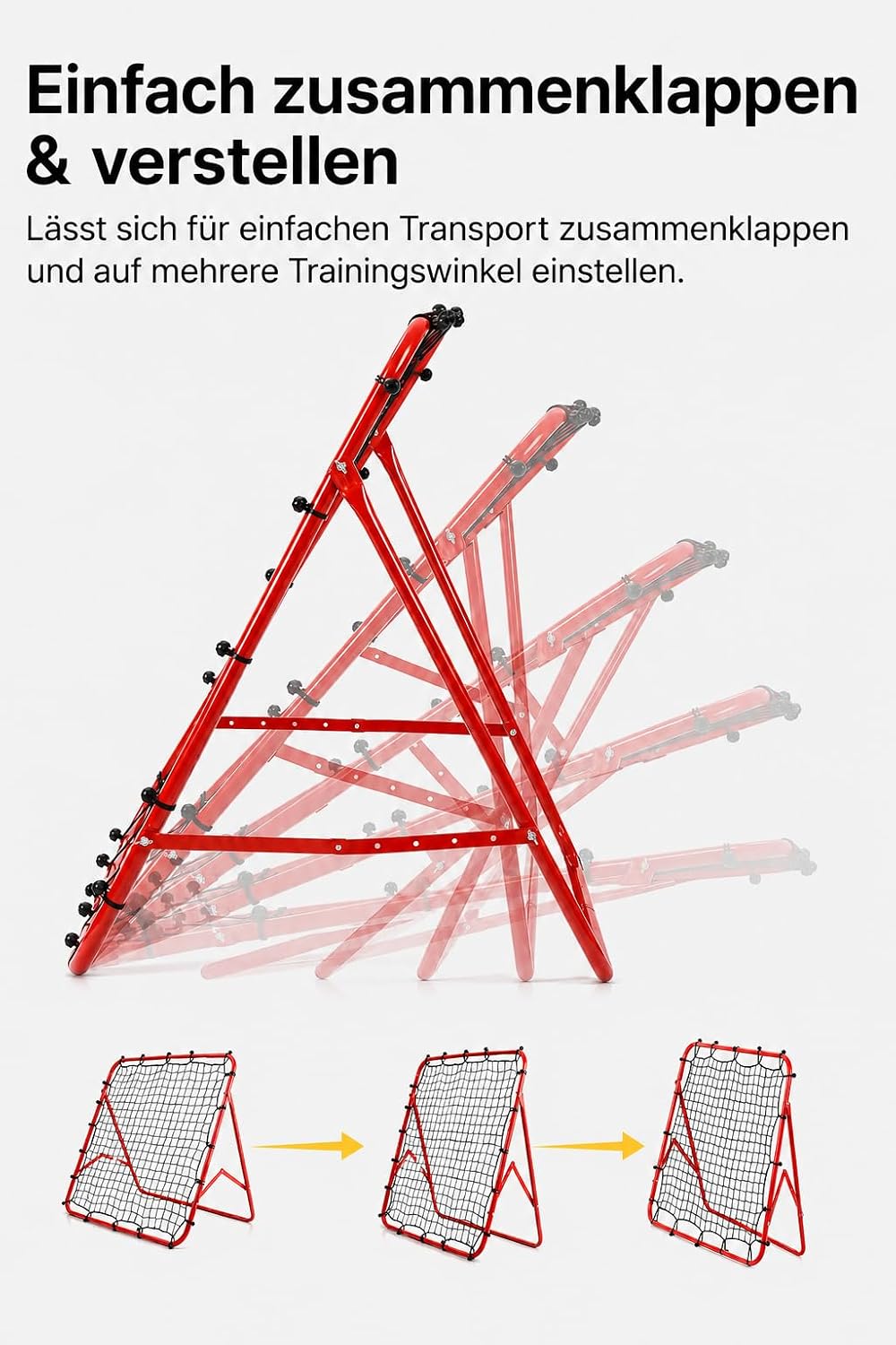 Fussball Rebounder 100 x 100 cm, klappbar, verstellbar, mit Bodenankern | Stahlrahmen, robustes PE-N
