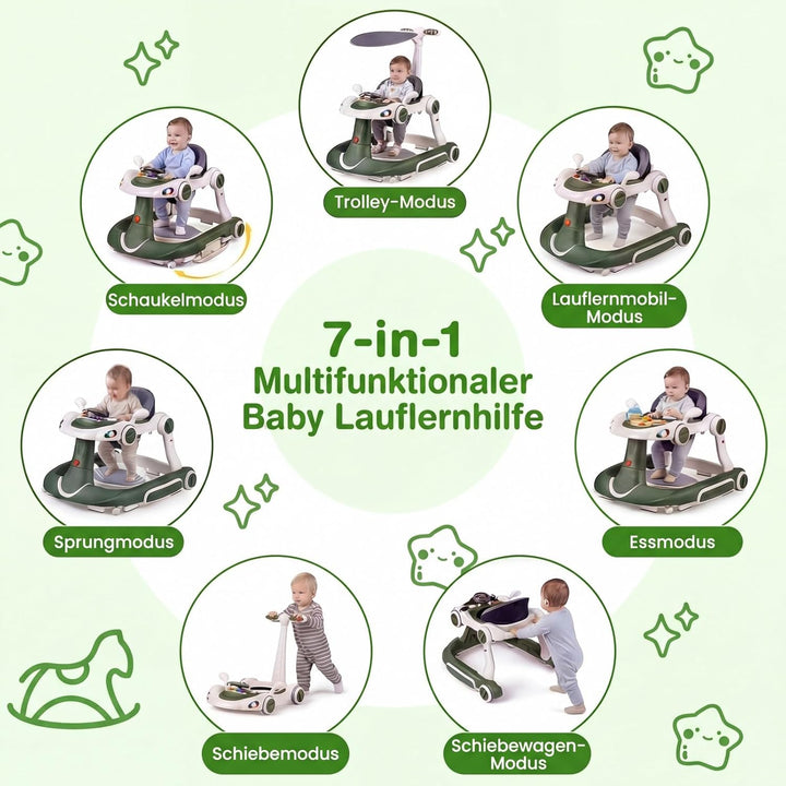 COSTWAY 7 in 1 Lauflernhilfe mit Verdeck, Lauflerwagen mit einstellbarer Höhe &amp; Geschwindigkeit, Bab