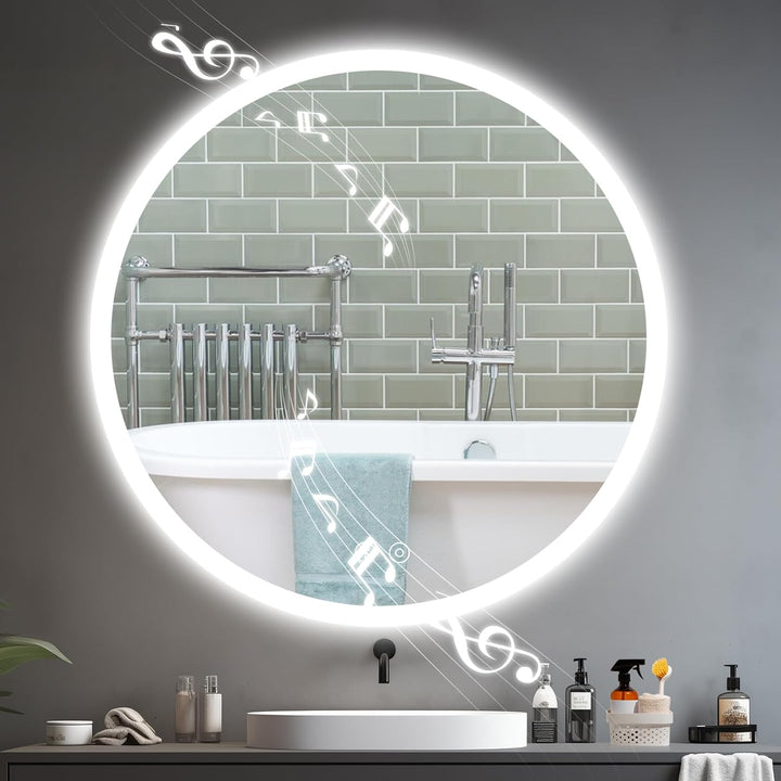 YOLEO Badspiegel mit Beleuchtung rund 70cm, Badezimmerspiegel LED mit Bluetooth-Lautsprecher, Wandsp
