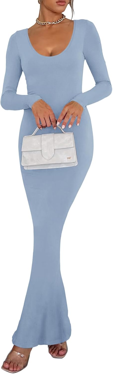 REORIA Damen Sexy U-Ausschnitt Langarm Lounge Langes Kleid Gerippte figurbetonte Maxikleider XS Blau