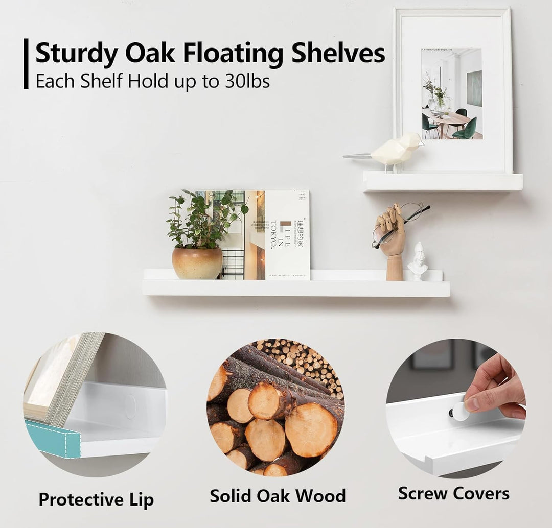 Wandregal Weiss, 100CM Bilderleiste Weiss massives Eichenholz Regal weiss Schweberegal für Fotorahme