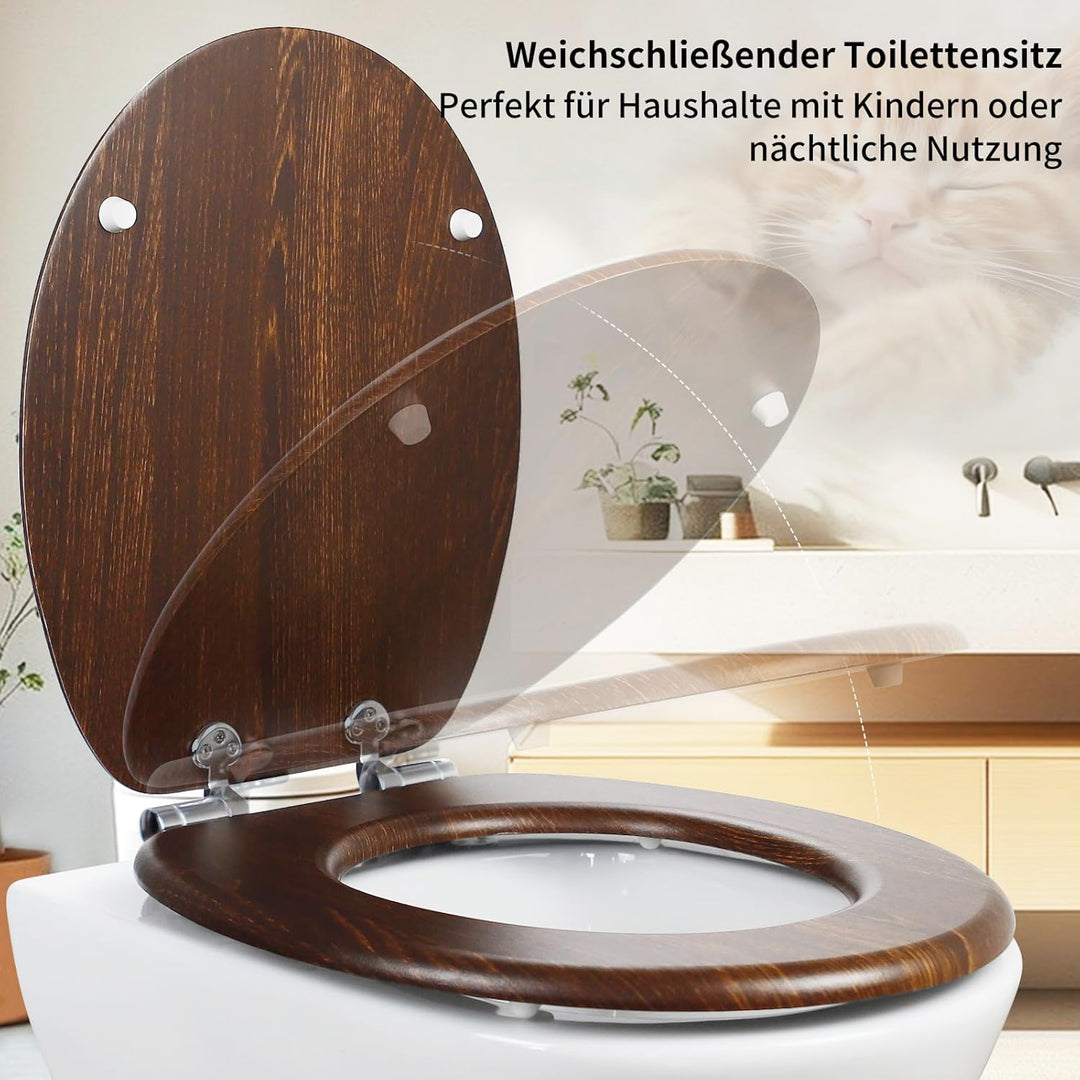 WC-Sitz mit Absenkautomatik, Toilettendeckel aus stabilem MDF-Holzkern, Verstellbare Scharniere aus