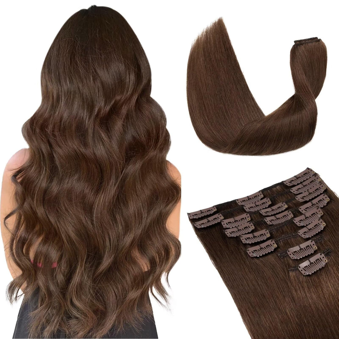 TESS Clip in Extensions Echthaar Braun, Echthaar Extensions Clip 8pcs 25 cm (50 g) Hair Extensions C