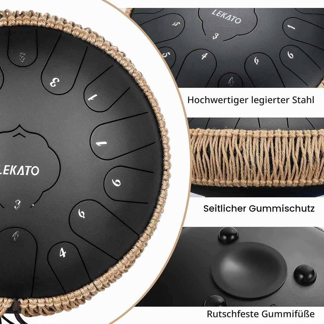 LEKATO Tongue Drum 13 Zoll 15 Noten, Anfänger/Professional Zungentrommel Schlagzeug mit Tragetasche,