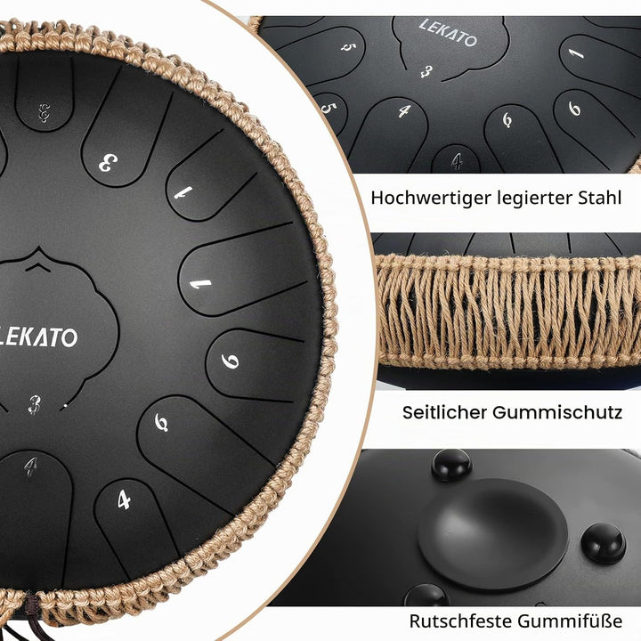 LEKATO Tongue Drum 13 Zoll 15 Noten, Anfänger/Professional Zungentrommel Schlagzeug mit Tragetasche,