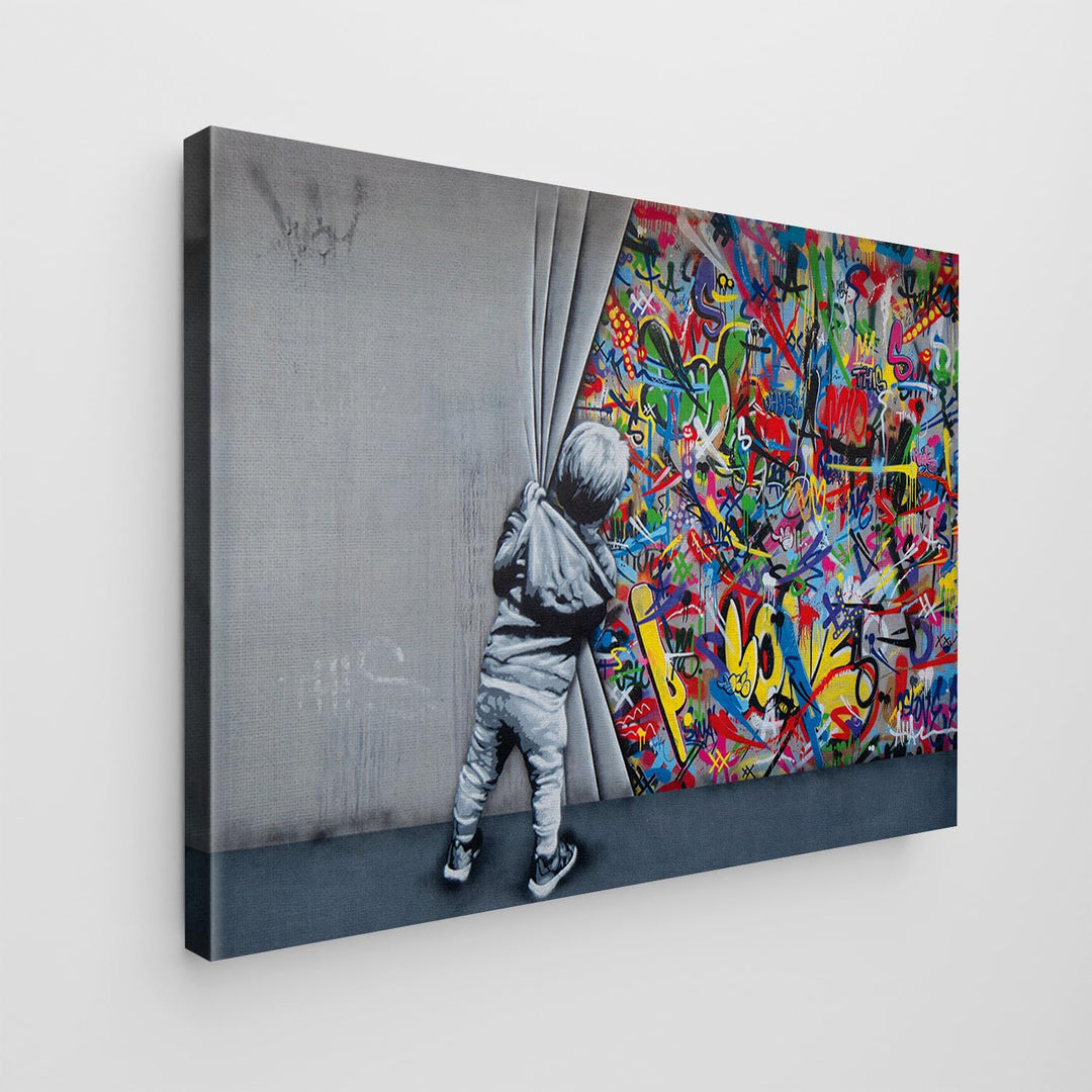 Giallobus - Gemälde - Banksy - - Standardleinwand - 70x50-04 - Kind öffnet den Vorhang - Bereit zum