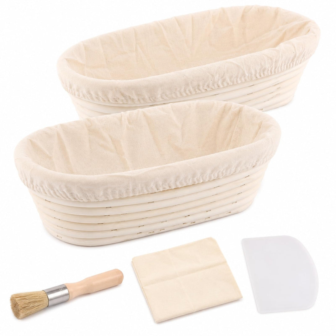 2 Stück Gärkörbchen Oval 28 cm, Gärkörbchen für Brot, Gärkorb Brot mit Bürste und Kunststoffspachtel