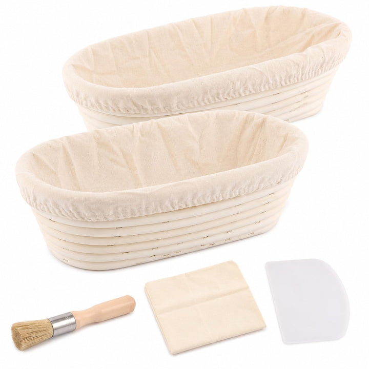 2 Stück Gärkörbchen Oval 28 cm, Gärkörbchen für Brot, Gärkorb Brot mit Bürste und Kunststoffspachtel