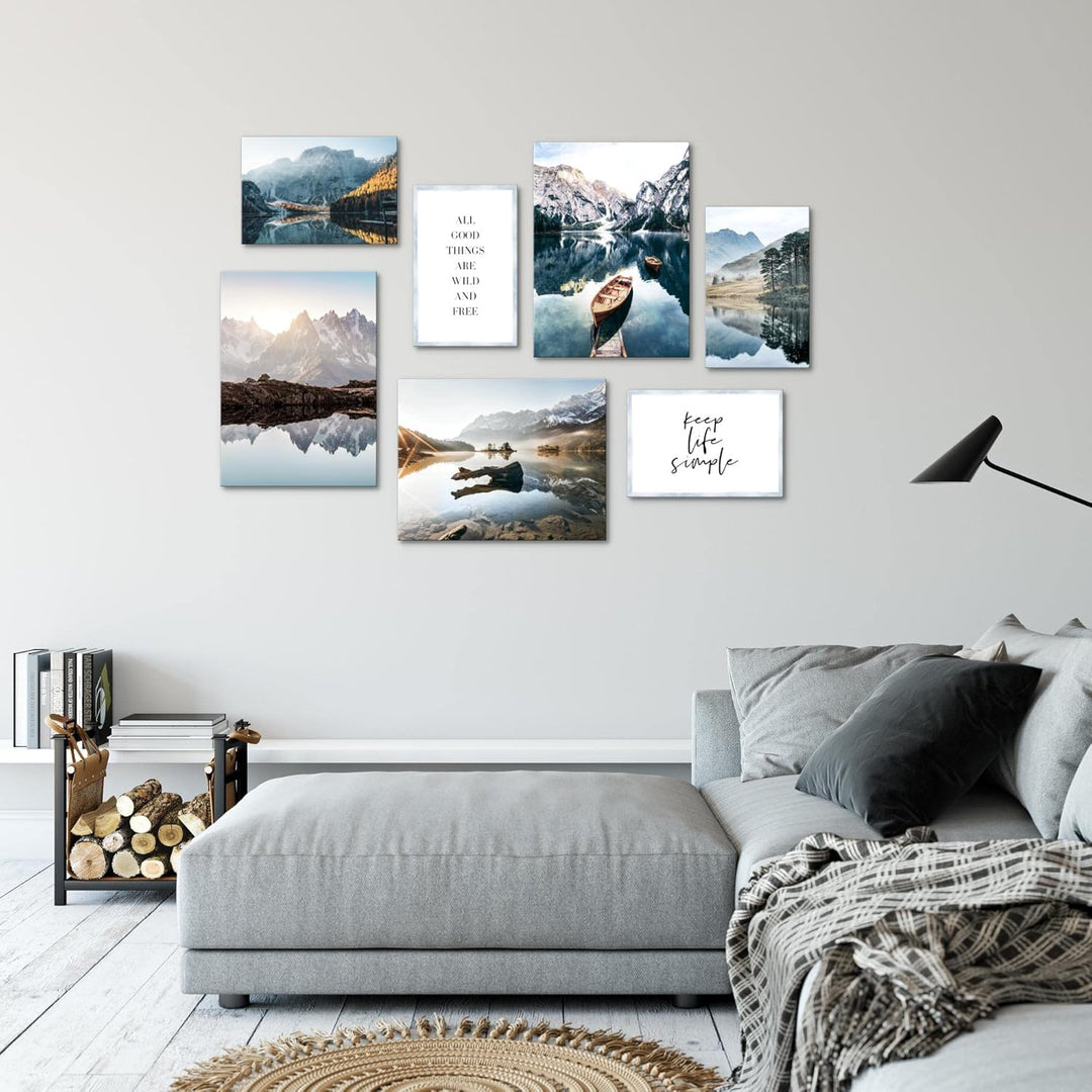 Novart Wandbilder See Berge blau - KOMPLETT AUFHÄNGFERTIG - Natur Wohnzimmer Schlafzimmer - 7 Modern