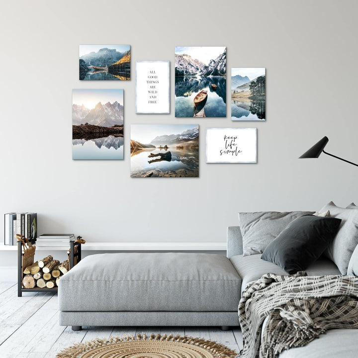 Novart Wandbilder See Berge blau - KOMPLETT AUFHÄNGFERTIG - Natur Wohnzimmer Schlafzimmer - 7 Modern