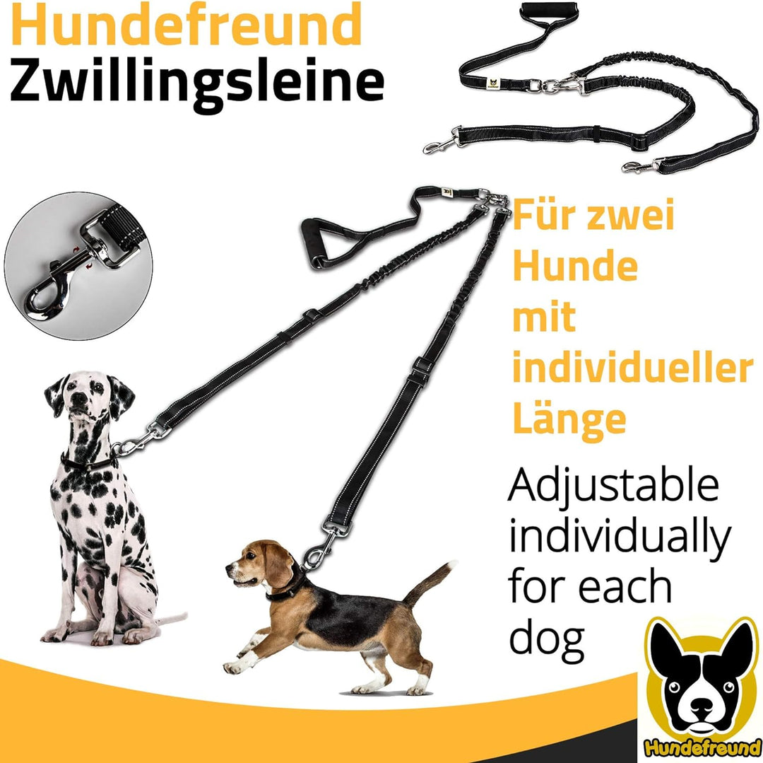 Zwillingsleine - Hundeleine für 2 grosse Hunde ab 20 kg - Doppelleine dehnbar reflektierend 150 bis