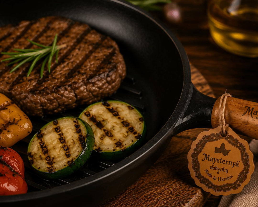 WDMT Maysternya™ Grillpfanne Gusseisen mit Holzgriff - ø 24 x 4 cm - Gusseisenpfanne für alle Herdar