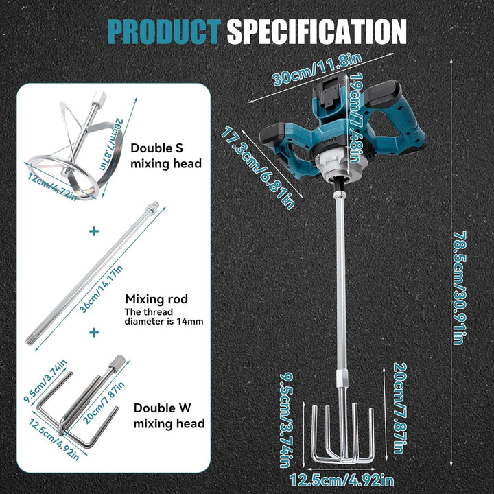Kabelloser Zementmischer Kompatibel mit Makita 18V Akku, 680 U/min Bürstenloser Paddelmischer mit 6