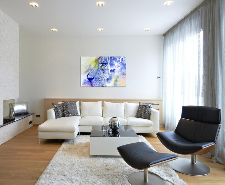 Paul Sinus Art Bild Leinwand 120x80cm Wilder Löwe in Blautönen mit Kalligraphie, 120x80cm
