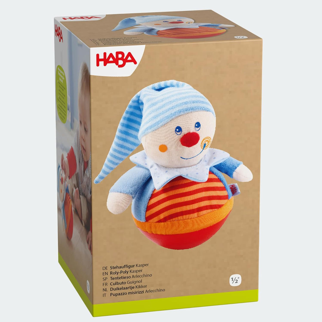 HABA Stehauffigur Kasper – Motorikspielzeug mit Wackel- & Klingeleffekt für Babys ab 6 Monaten – Wei