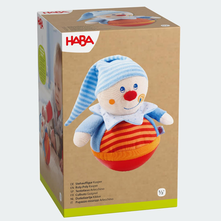 HABA Stehauffigur Kasper – Motorikspielzeug mit Wackel- & Klingeleffekt für Babys ab 6 Monaten – Wei