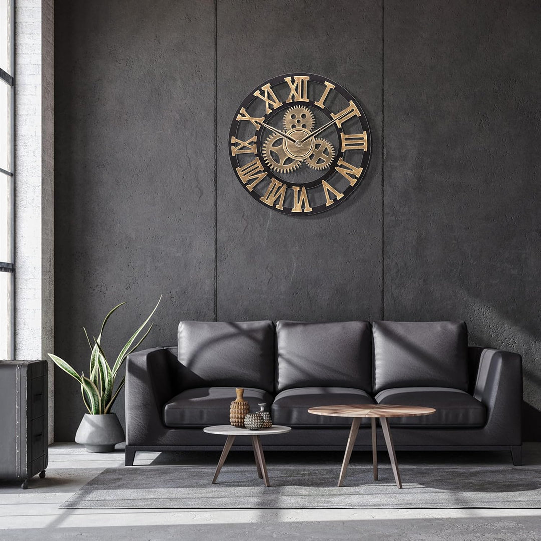 Lafocuse Holz Wanduhr Industrial Gold, Lautlos Vintage Gross 60 cm XXL, Zahnrad Römische Ziffern Ste