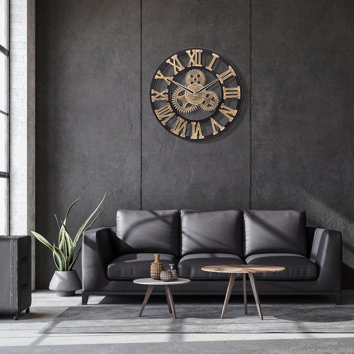 Lafocuse Holz Wanduhr Industrial Gold, Lautlos Vintage Gross 60 cm XXL, Zahnrad Römische Ziffern Ste