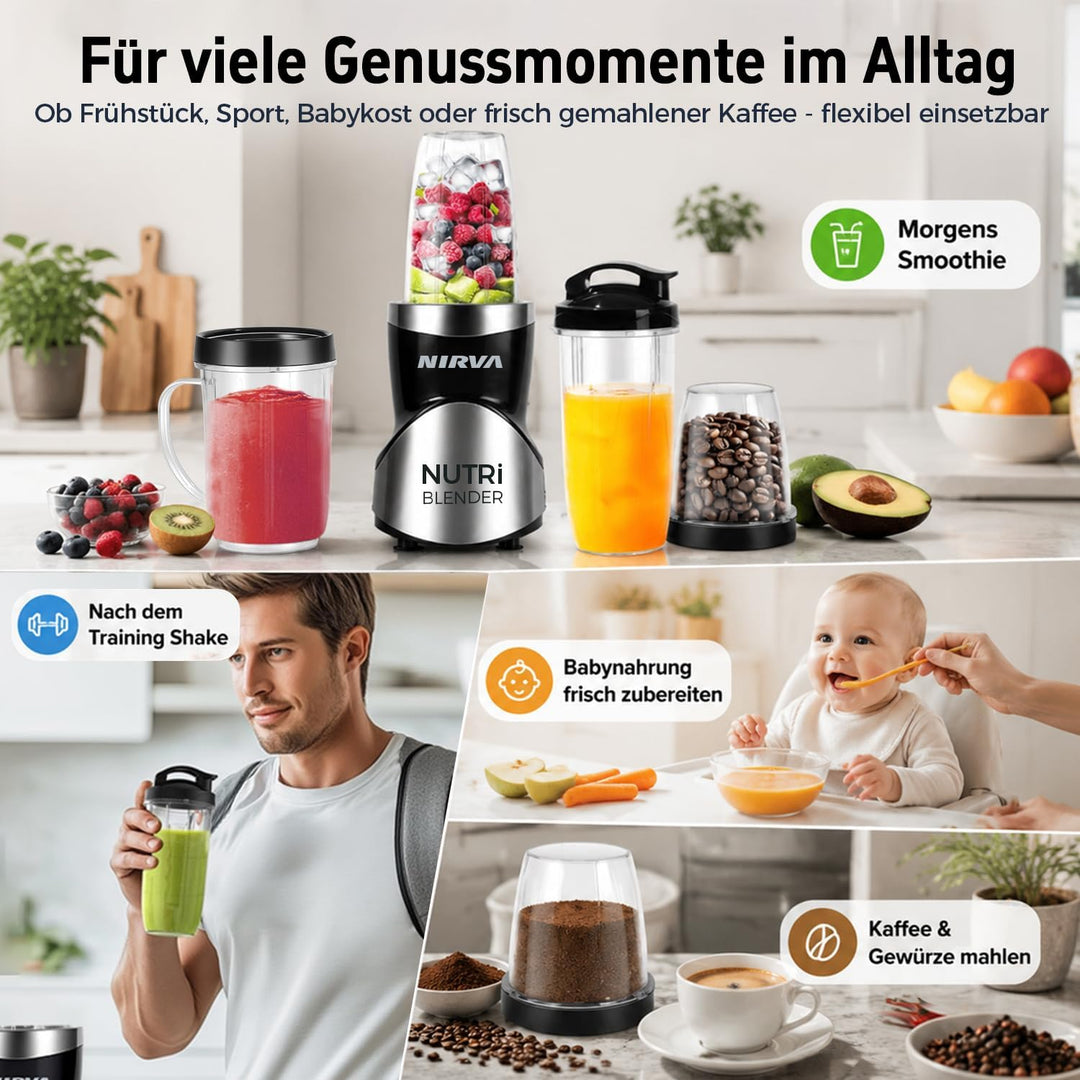 Nirva 4 in 1 Mini Mixer, Smoothie Maker mit 4 Tragbare, Mixbechern Zweiblatt und Vierblatt Edelstahl