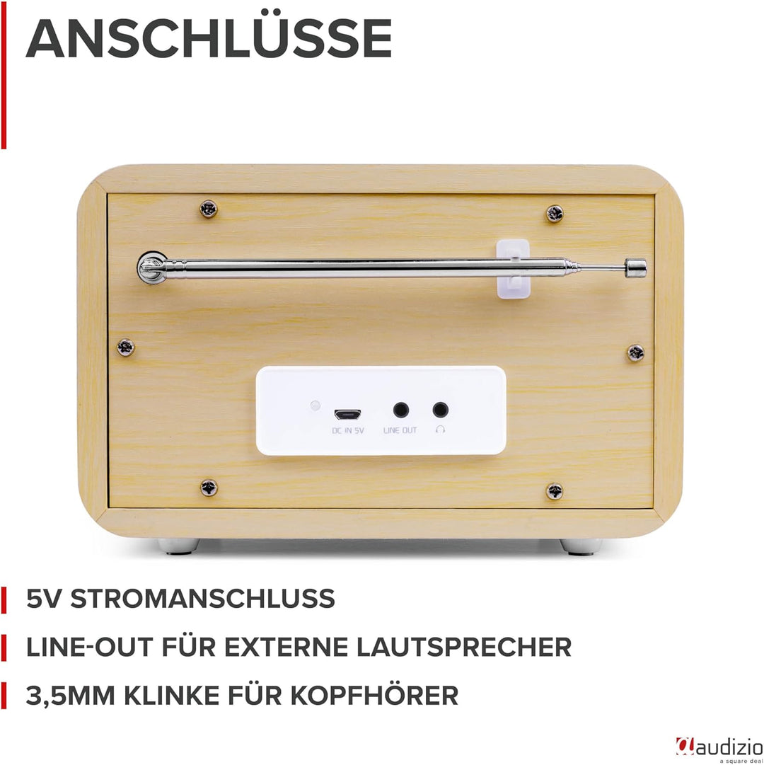 Audizio Milan DAB Radio mit Bluetooth, 10 Stunden Akku Radio 2000 mAh, Radiowecker mit Sleeptimer, L