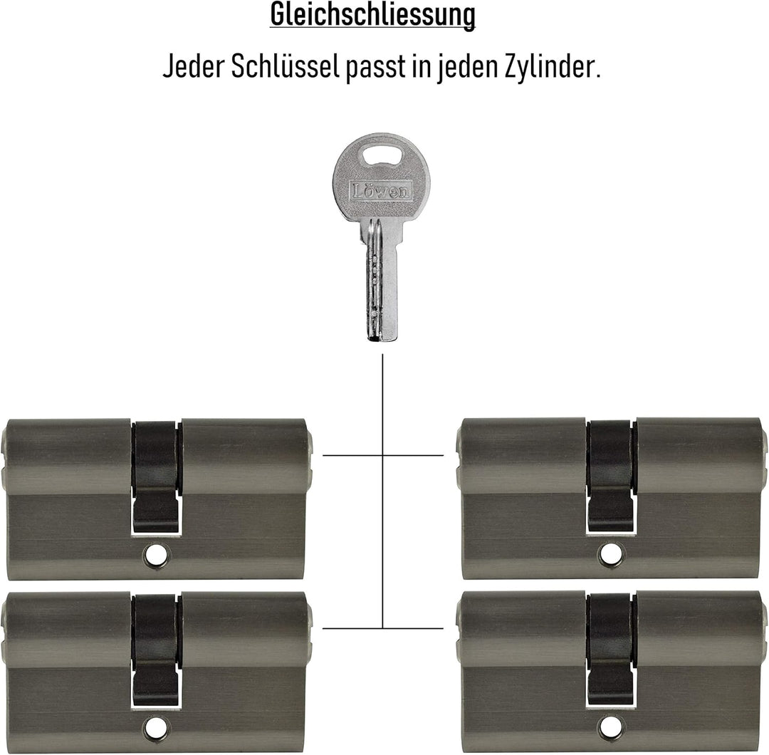 LÖWEN 60 mm 4x Zylinderschloss 30/30 Doppelzylinder gleichschliessend Massive Schliesszylinder inkl.