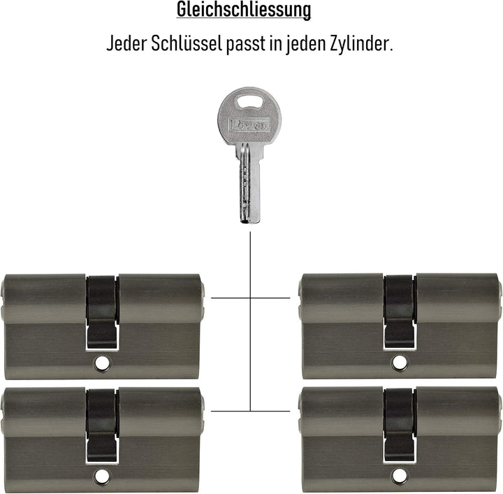 LÖWEN 60 mm 4x Zylinderschloss 30/30 Doppelzylinder gleichschliessend Massive Schliesszylinder inkl.