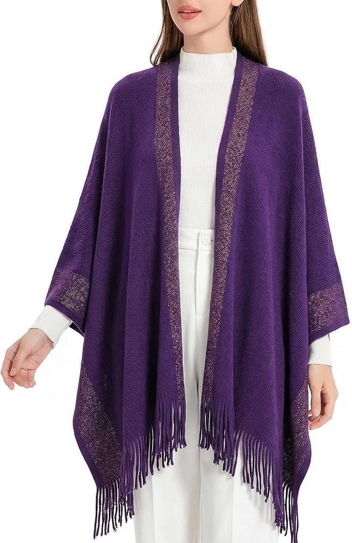 ZLYC Damen Weiche Schlichte Poncho Capes Retro Cardigans Pullover Violett, Violett