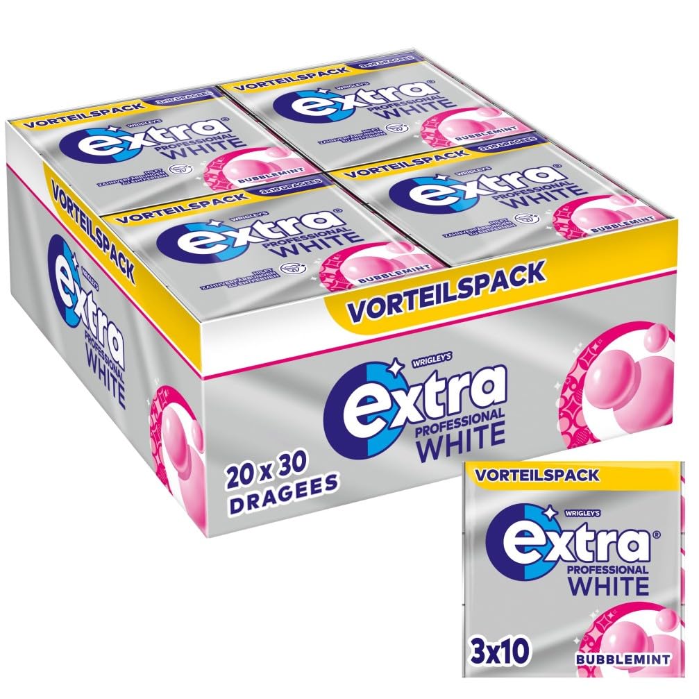 Extra Professional White Bubblemint, Zuckerfreier Kaugummi, Multipack mit 20x30 Dragees, Für frische