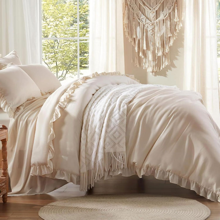 Freyamy Bettwäsche 155x220cm 2teilig Beige Rüschen Romantisch Mädchen Bettwäsche Uni Plisseefalten C