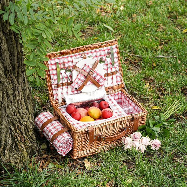 Weiden-Picknickkorb-Set für 2 Personen mit wasserdichter Picknickdecke und grossem isoliertem Kühlfa