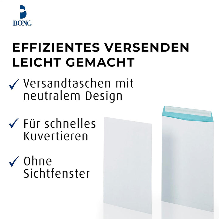 Bong Versandtasche B4 (100 Stück), haftklebende Versandtaschen ohne Fenster, fadenverstärkte weisse