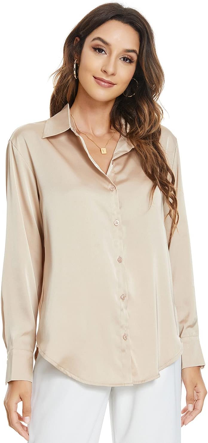 Atnlewhi Damen Bluse Langarm Knöpfen Satin Seide Hemden Basic Kent Kragen Arbeit Büro Formelle Casua