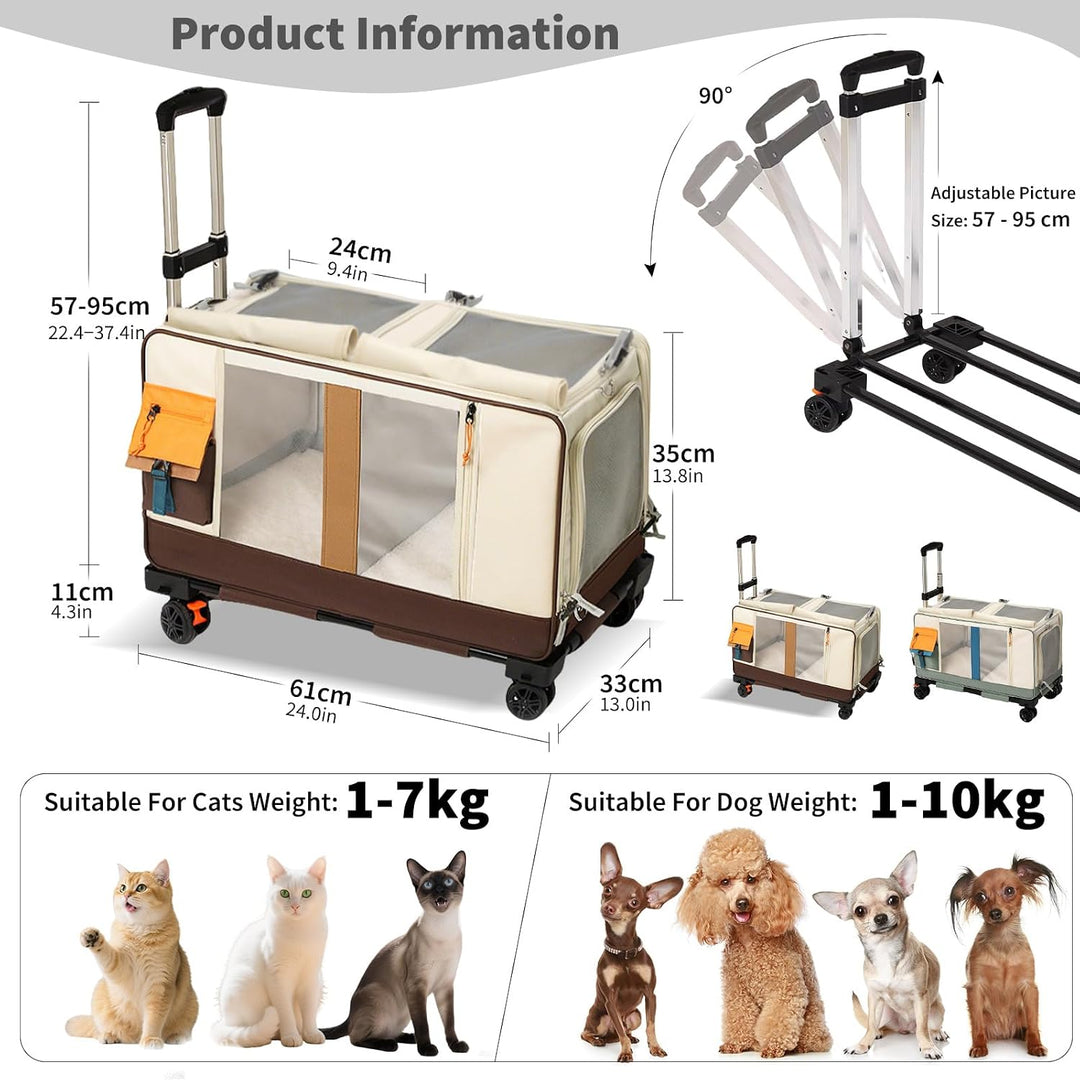PETCUTE Haustier-Transporttasche mit Zwei Fächern und Abnehmbaren Rädern,Atmungsaktiv,Katzentrage fü