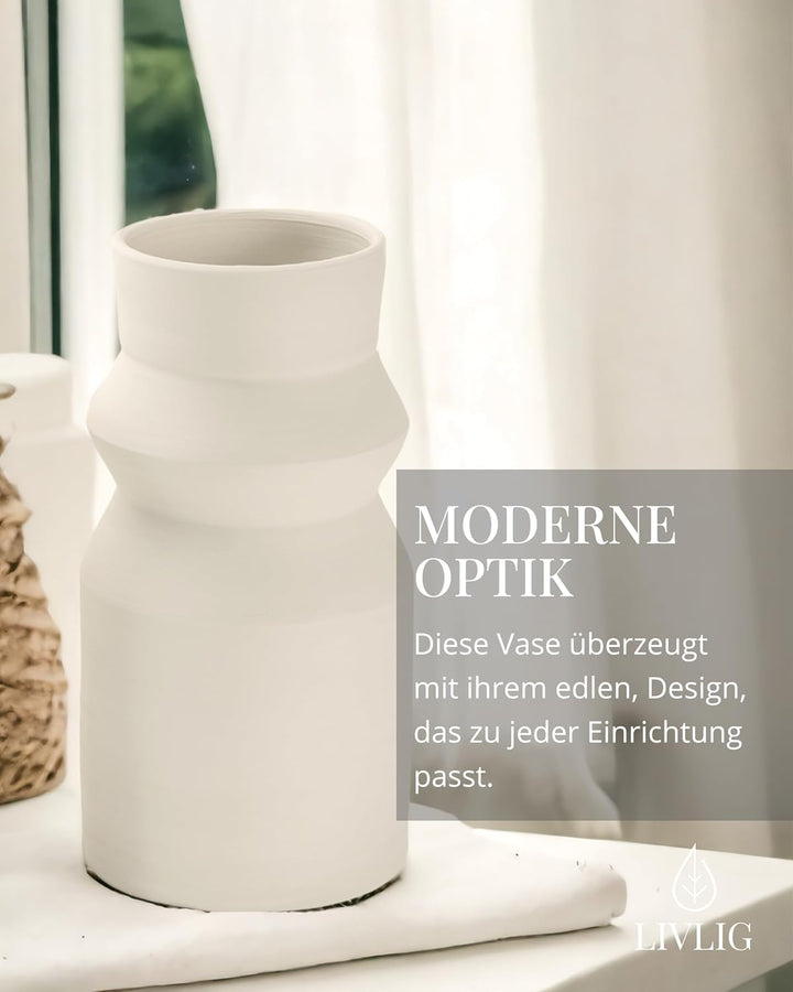 LIVLIG Handgefertigte Vase weiss, Trockenblumenvase, Keramikvase, Dekovase, Tischdeko, Bodenvase, Hö
