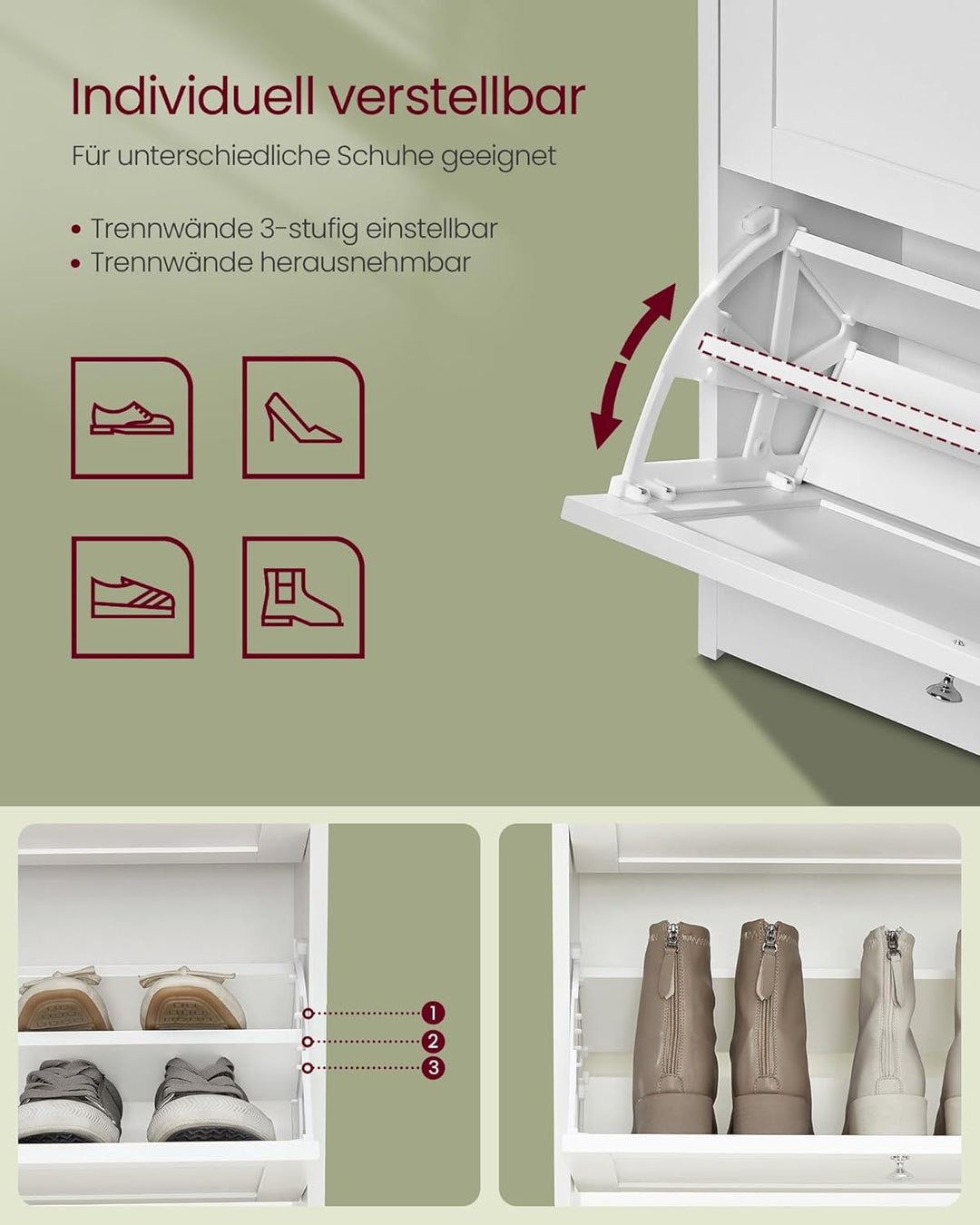 VASAGLE Schuhschrank 3 Klappen, Schuhkipper, Schuhregal, Schuhaufbewahrung, Oberplatte, Trennwand ve