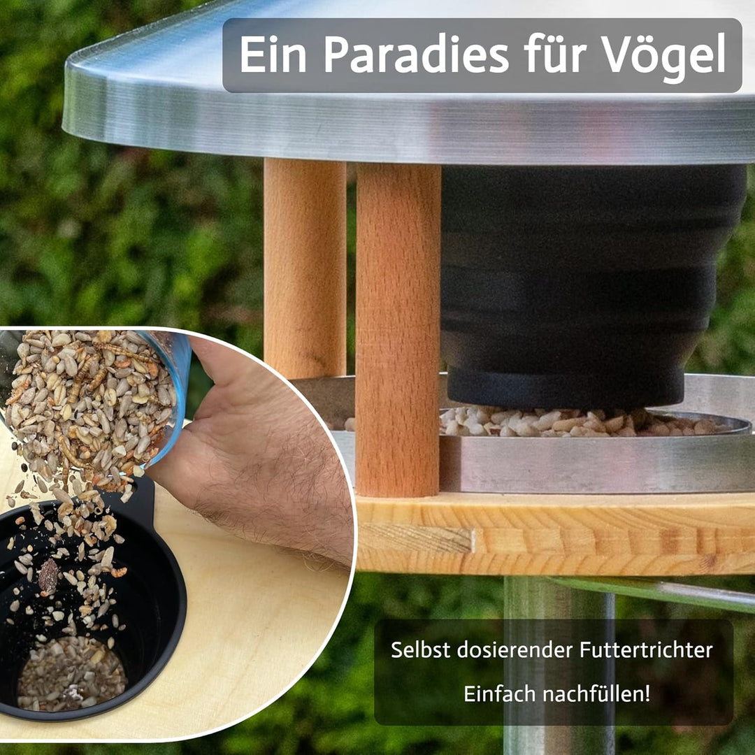 Vogelhaus mit Ständer wetterfest aus Edelstahl - Stabiles Vogelfutterhaus für draussen, modern aus M