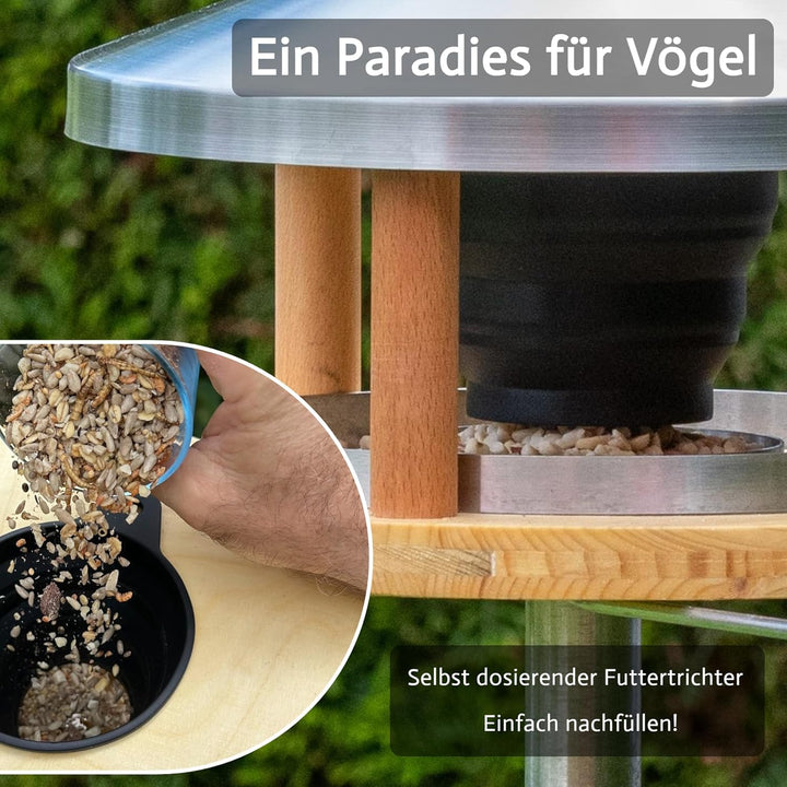 Vogelhaus mit Ständer wetterfest aus Edelstahl - Stabiles Vogelfutterhaus für draussen, modern aus M