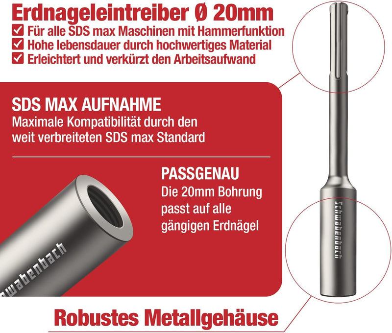 SCHWABENBACH ® SDS MAX Erdnageleintreiber zum Einstecken von Tiefenerder 250 x Ø 32 mm, Innen Ø 20 m