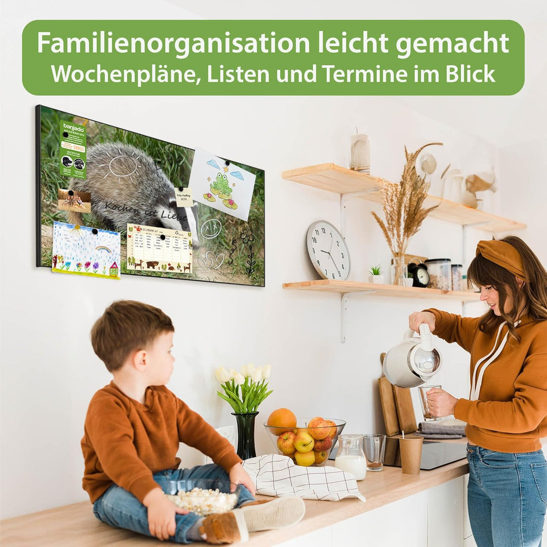 banjado Magnettafel schwarz 78 x 37cm / Magnetwand Metall/Magnetpinnwand als Memoboard/Pinnwand Magn