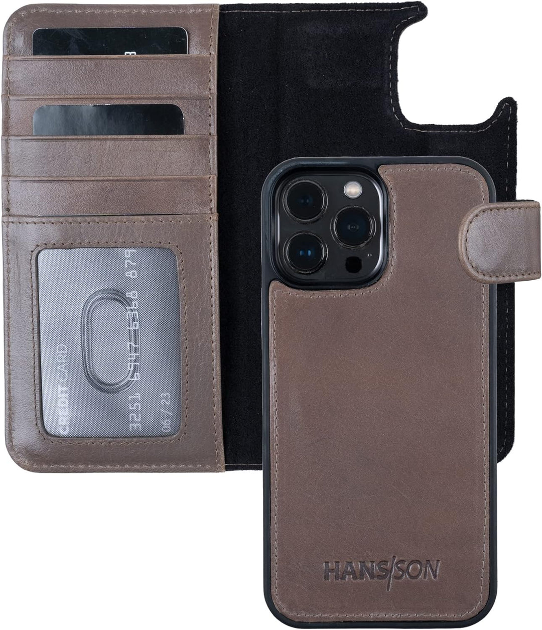 HANS/SON Klappbare Echtlederhülle Grau | iPhone 13 Pro Ledercase mit Kartenfächern | Lederhülle mit