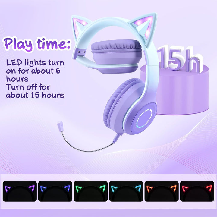 Sendowtek Kinder Kopfhörer, Mädchen Bluetooth Kopfhörer Over Ear Katze Kinderkopfhörer mit Abnehmbar