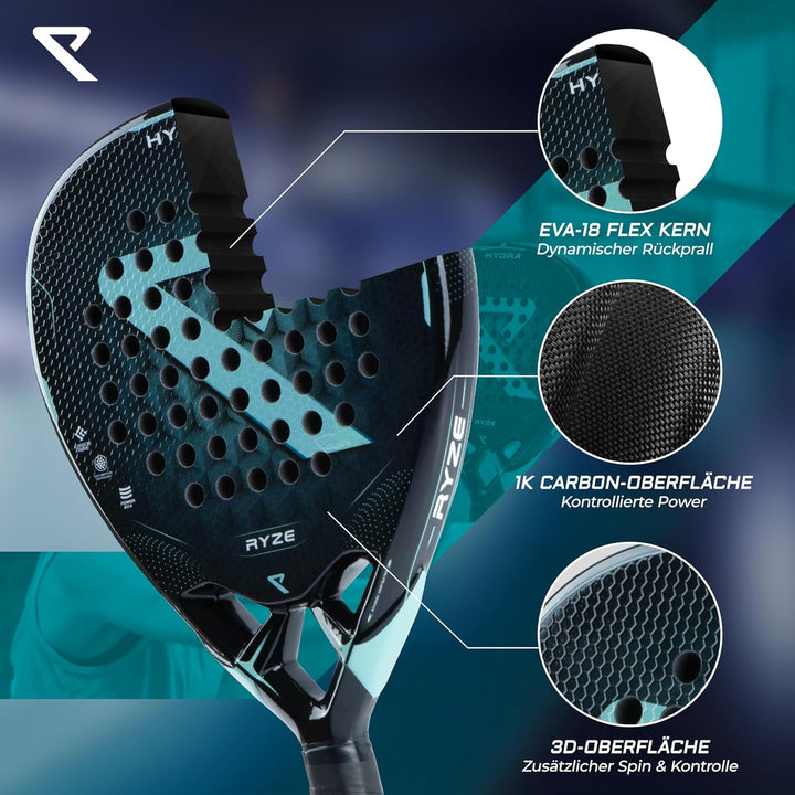 RYZE Hydra Padel Schläger aus 100% Kohlefaser - Maximale Power, Kontrolle & Präzision - 365g mit EVA