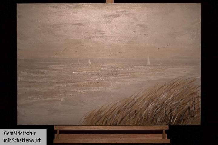 KunstLoft Leinwandbild | 100% HANDGEMALT | 90x60cm | Gemälde 'Sehnsucht nach Meer' | Strände | Beige