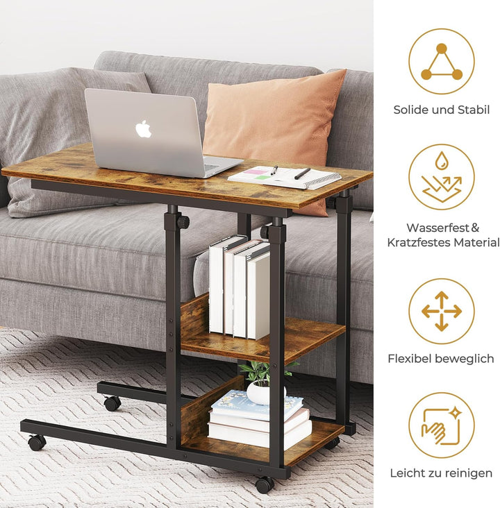 Dripex Schreibtisch Beistelltisch mit Rollen Laptoptisch Höhenverstellbar, aus Holz, Sofatisch Nacht