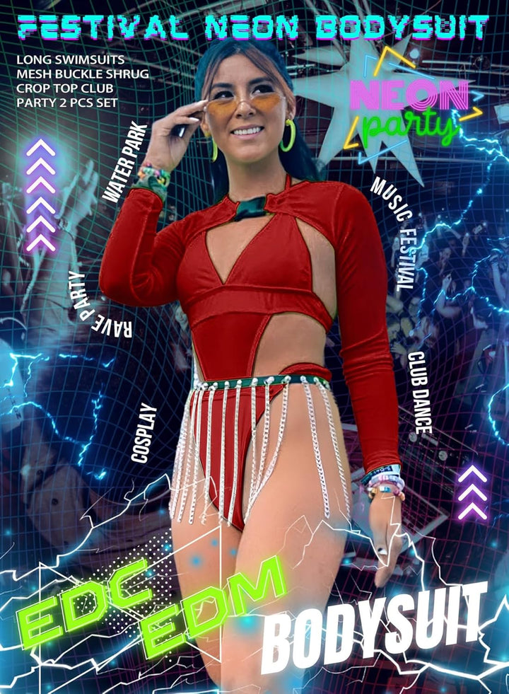 Rave Outfits Für Damen - Festival Outfit Sexy Neon Bauchweg One Piece Badeanzug Shapewear Mesh Jumps