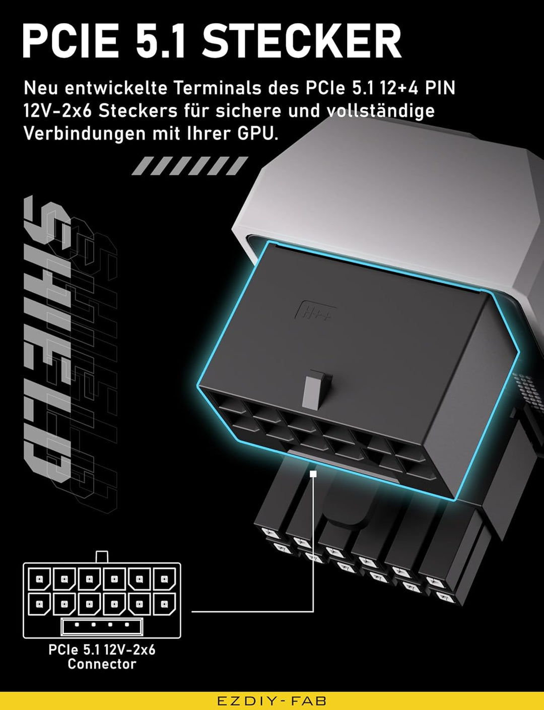 EZDIY-FAB PCIe 5.0 Adapter-600W 12+4pin,16pin 12VHPWR GPU Power Connector,180 Grad Rechter Winkel-Ko