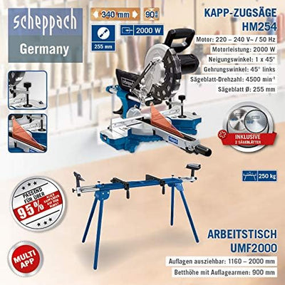 Scheppach HM254 | Kapp- und Gehrungssäge | Zugfunktion | inkl. Untergestell UMF2000 | 2000 Watt | 25