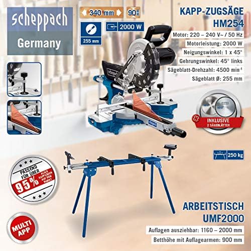 Scheppach HM254 | Kapp- und Gehrungssäge | Zugfunktion | inkl. Untergestell UMF2000 | 2000 Watt | 25