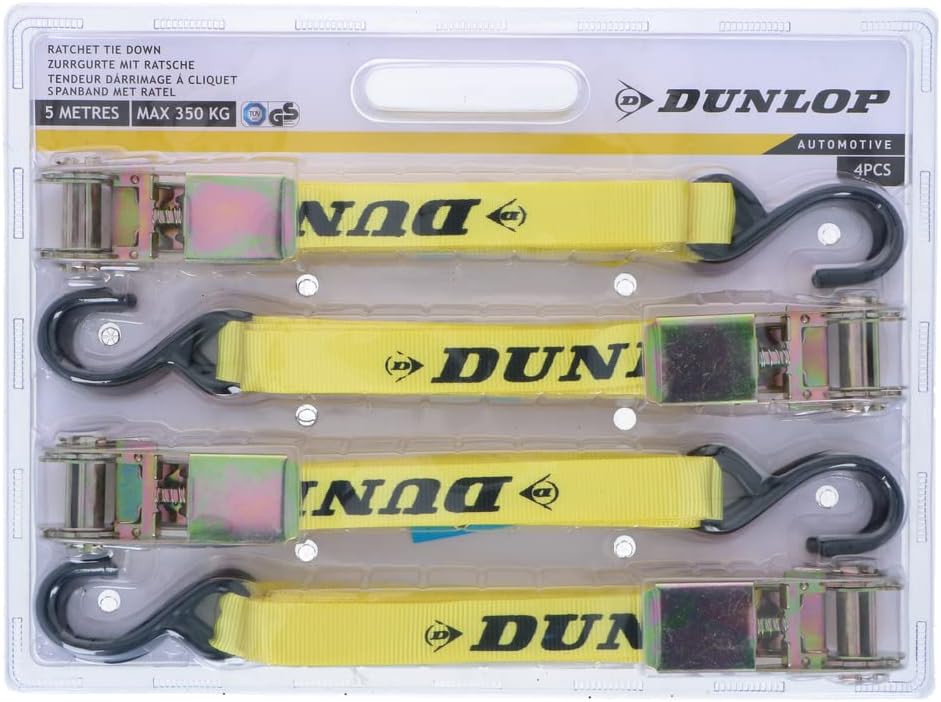 Dunlop Spanngurte mit Ratsche 4 Stück - Zurrgurte - Max. 350KG - 5 Meter Länge - Nylon - Schwarz/Gel